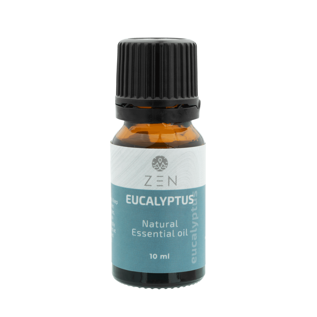 Zen Oil Eucalyptus essential oil bottle, 10 ml, promotes relaxation and well-being with calming aroma.