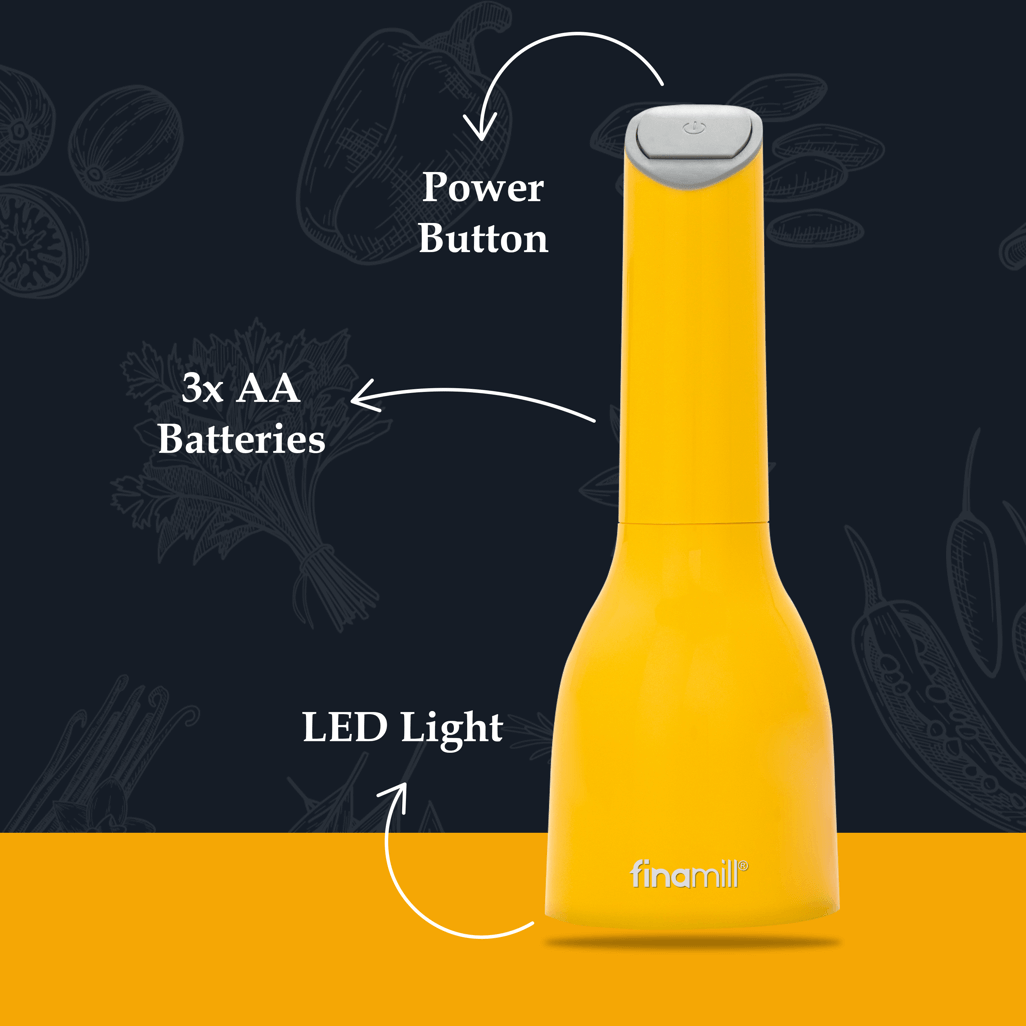 FINAMILL Battery Operated Grinder in Canary color, featuring power button, 3x AA batteries, and LED light.
