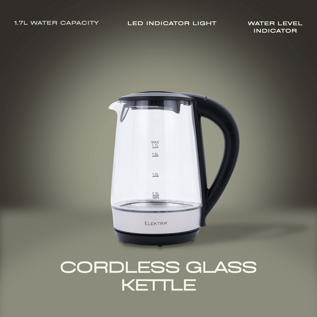 ELEKTRA cordless glass kettle with a 1.7L capacity, LED indicator light, and water level indicator.