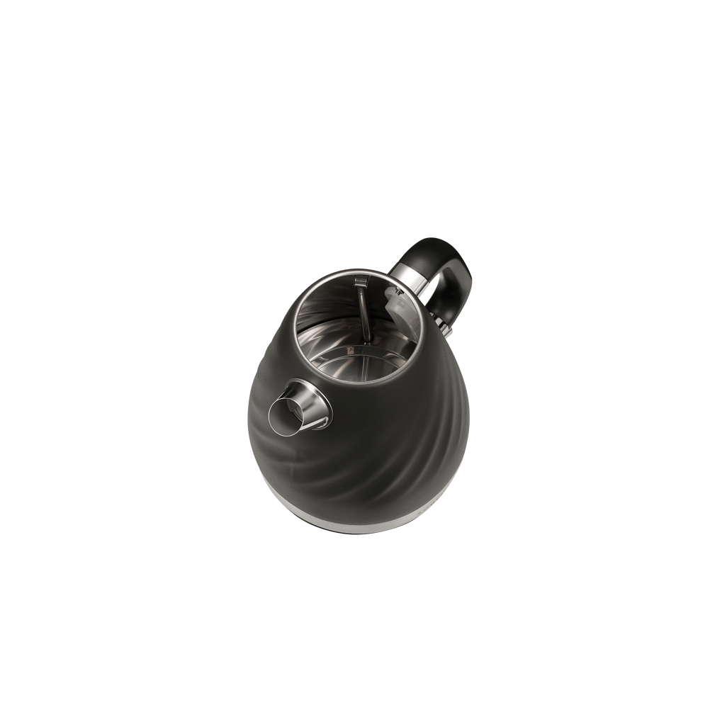 Boden Stark 1.7L stainless steel kettle in charcoal color, showcasing its sleek design from an overhead view.