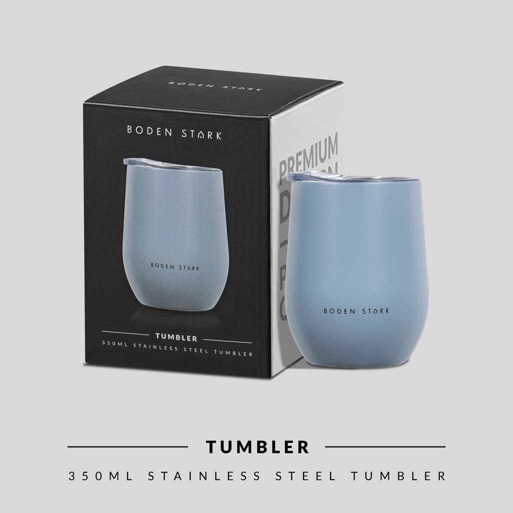 Boden Stark 350ml blue tumbler with packaging, perfect for keeping beverages hot or cold.