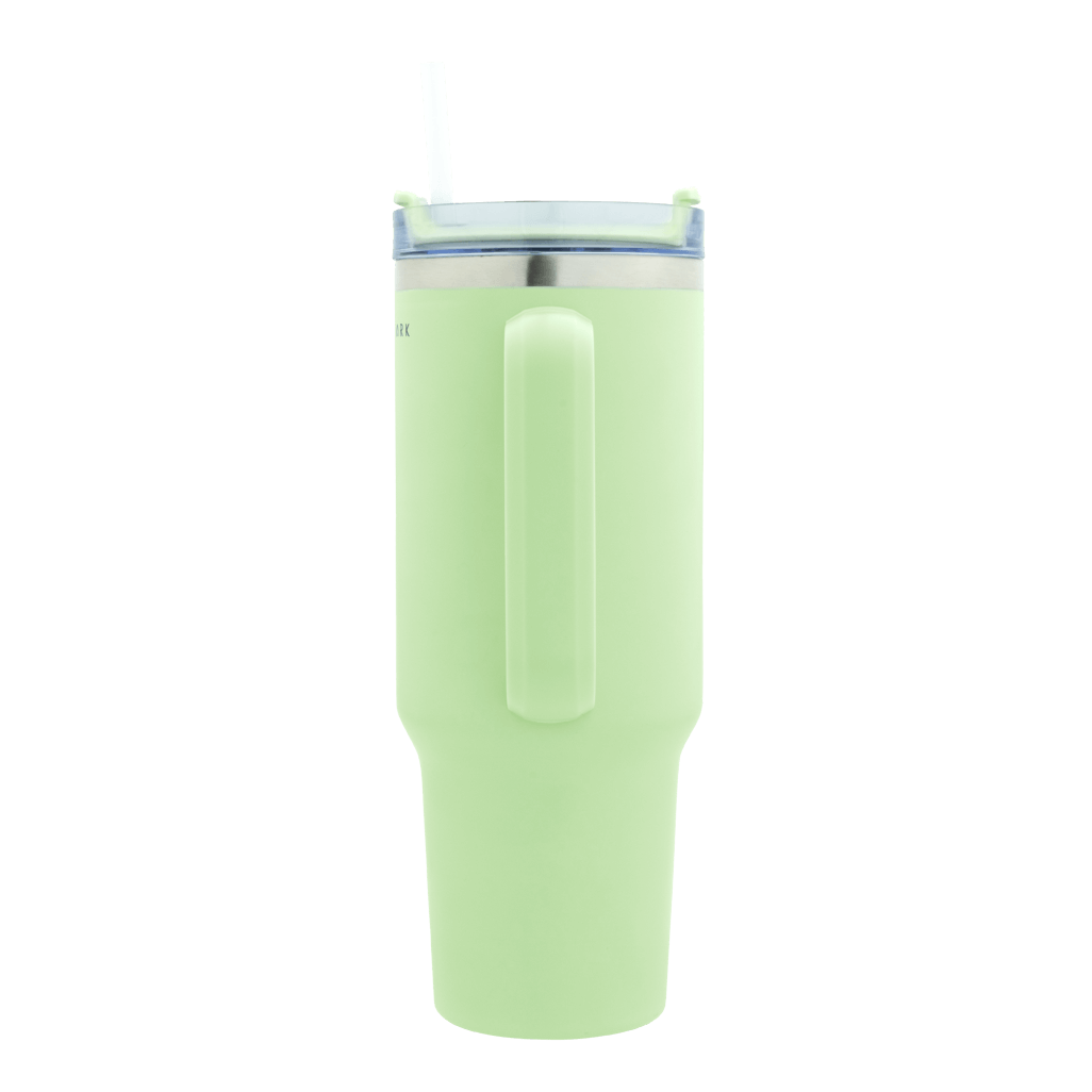 Boden Stark 1200ml Travel Mug in Green with straw, perfect for on-the-go hydration and enjoying beverages.