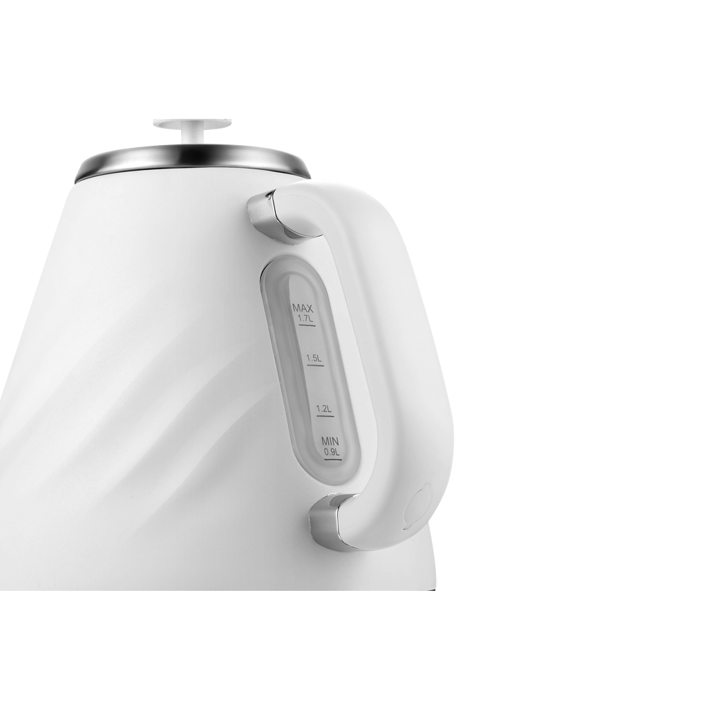 Boden Stark 1.7L stainless steel kettle in white with measurement markings on the side.