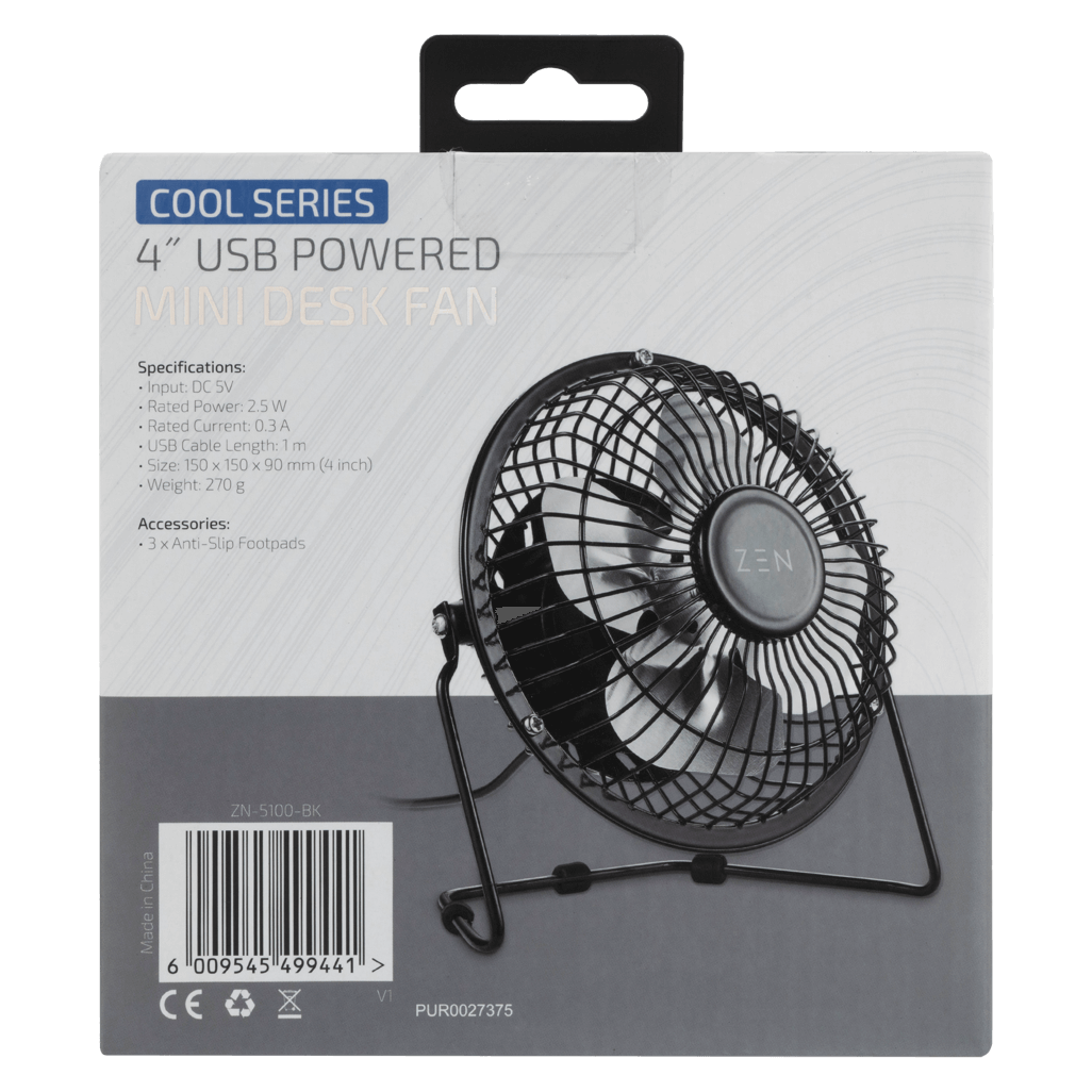ZEN Cool Series 4 inch Mini Desk Fan - Black, USB powered, compact design, ideal for desks and small spaces.