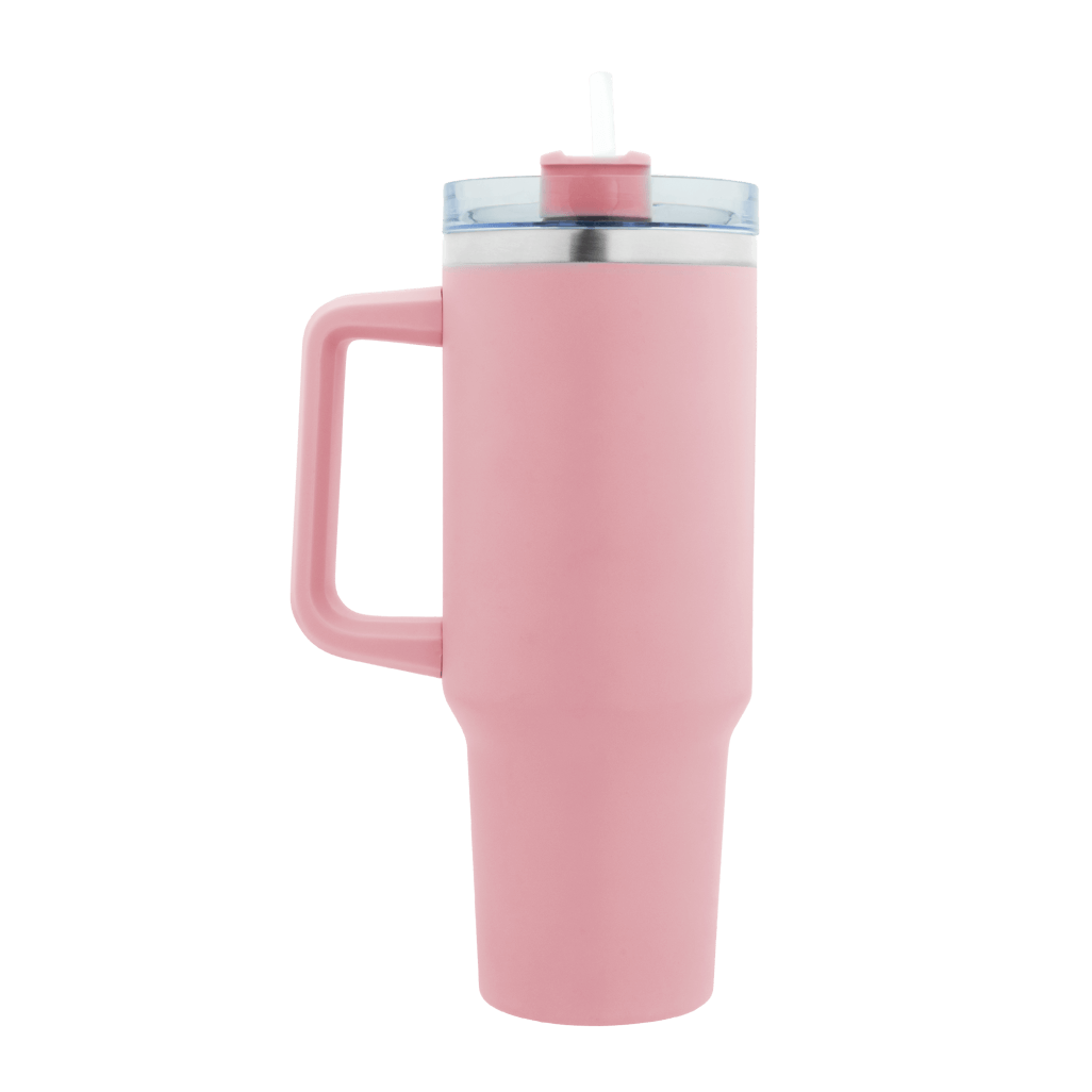 Boden Stark 1200ml Travel Mug in Pink with a straw and ergonomic handle for easy sipping on the go.