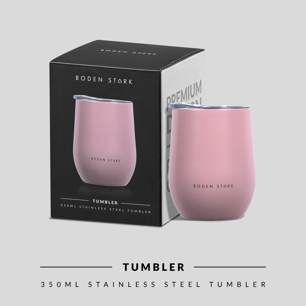 Boden Stark 350ml pink stainless steel tumbler with packaging, ideal for hot and cold beverages.