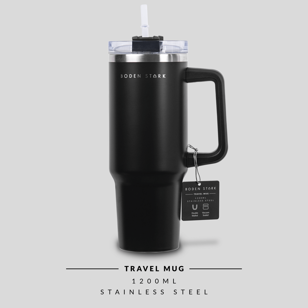Boden Stark 1200ml Travel Mug in black, stainless steel, featuring a handle and a straw for easy sipping.