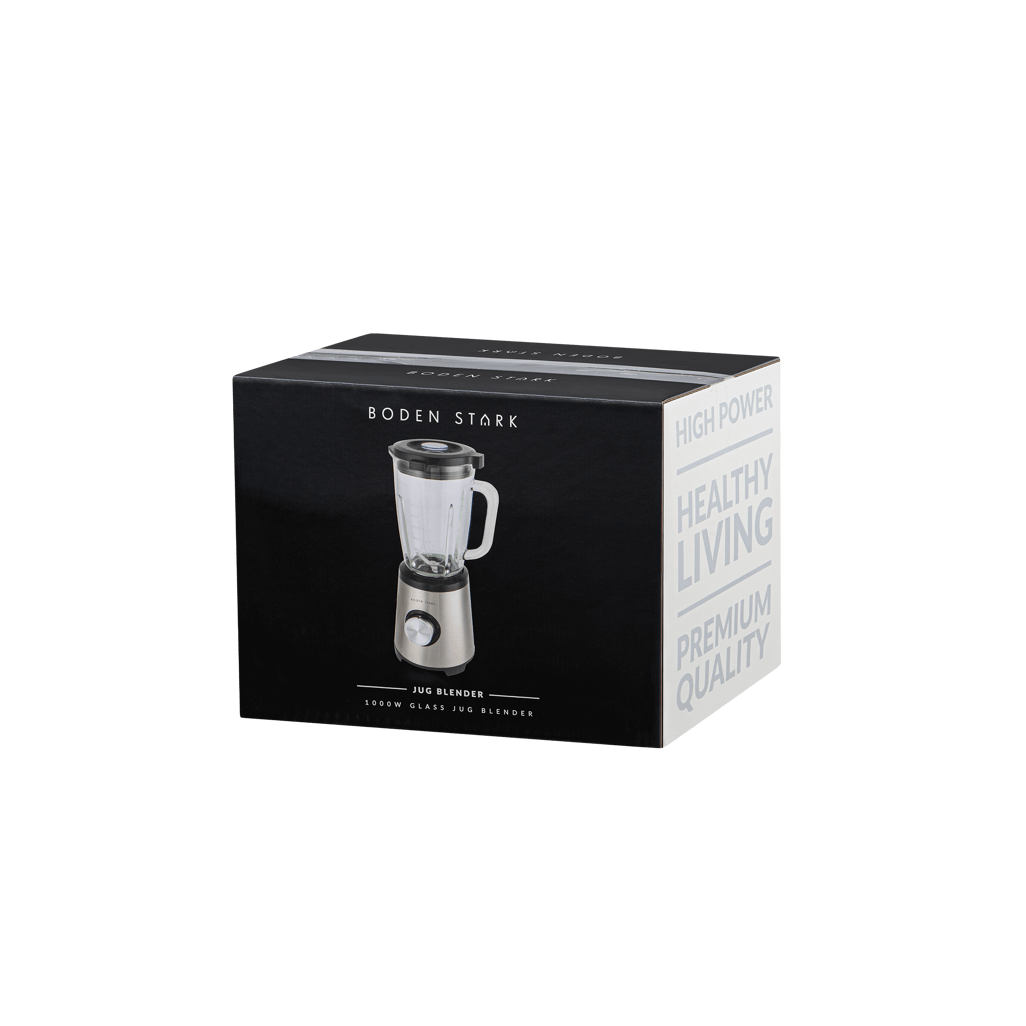 Boden Stark 1000W Glass Jug Blender packaging showcasing high power and premium quality features.