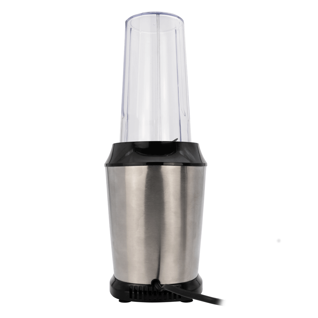 Boden Stark 1000W Nutri Blender in stainless steel with a transparent blending cup on top.