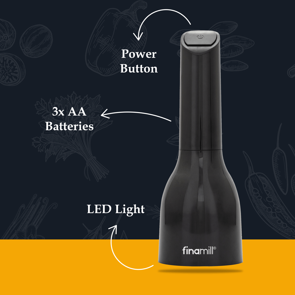 FINAMILL battery-operated grinder in Midnight Black with features: power button, 3x AA batteries, and LED light.