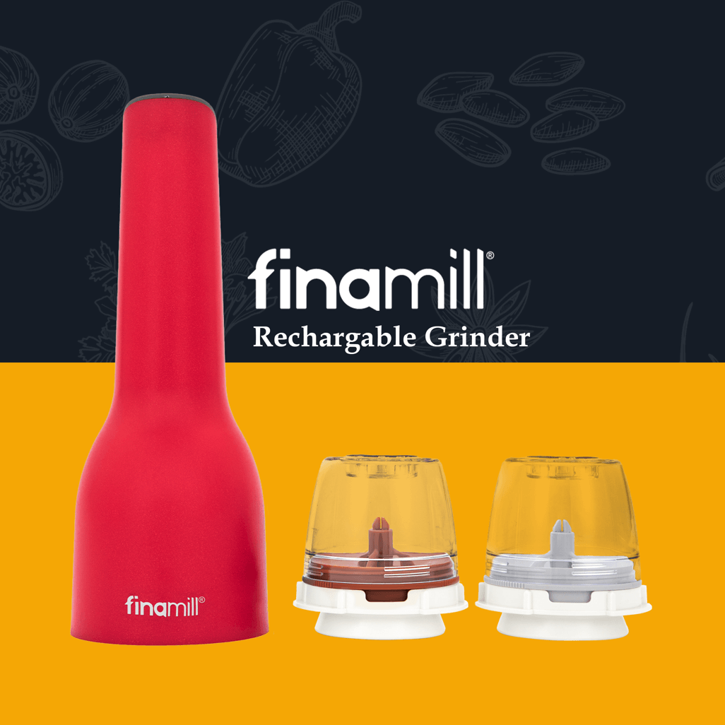 FINAMILL rechargeable grinder in Sangria color with two interchangeable spice containers.