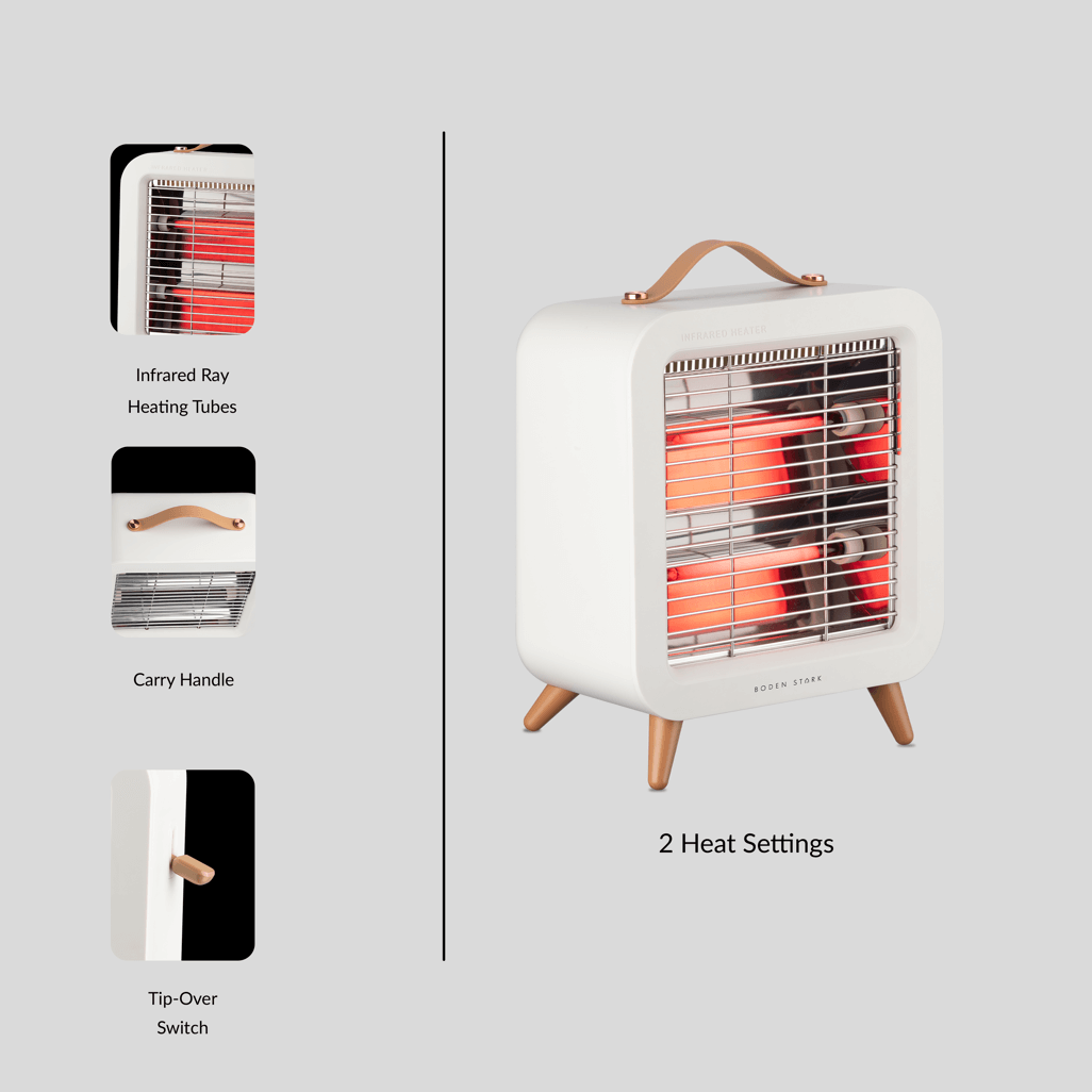 Boden Stark Infrared Bar Heater with infrared heating tubes, carry handle, and two heat settings showcased.