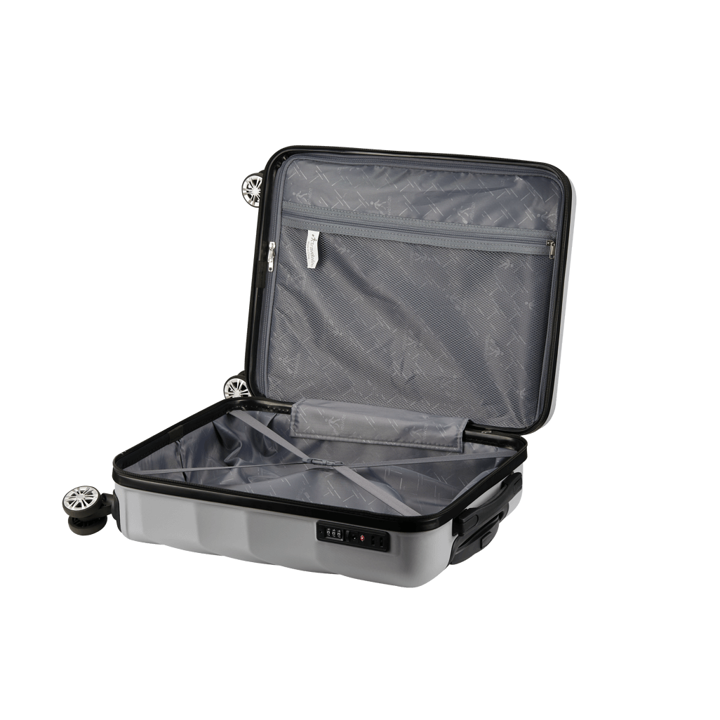 Open Travelwize Terra ABS 77cm silver luggage with spacious interior and multiple compartments for organized packing.