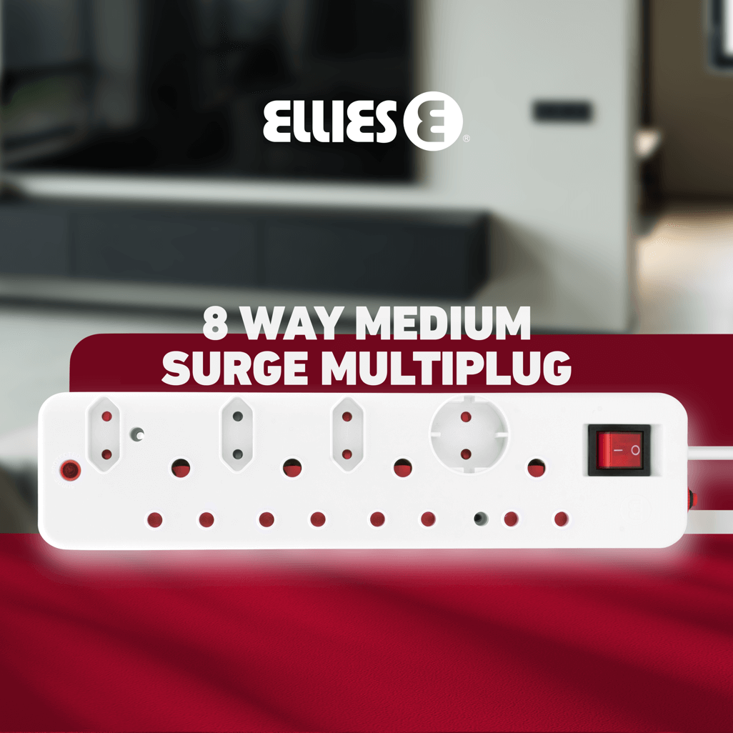 Ellies 8 Way Medium Surge Multiplug 0.5M, ideal for protecting multiple devices from power surges.