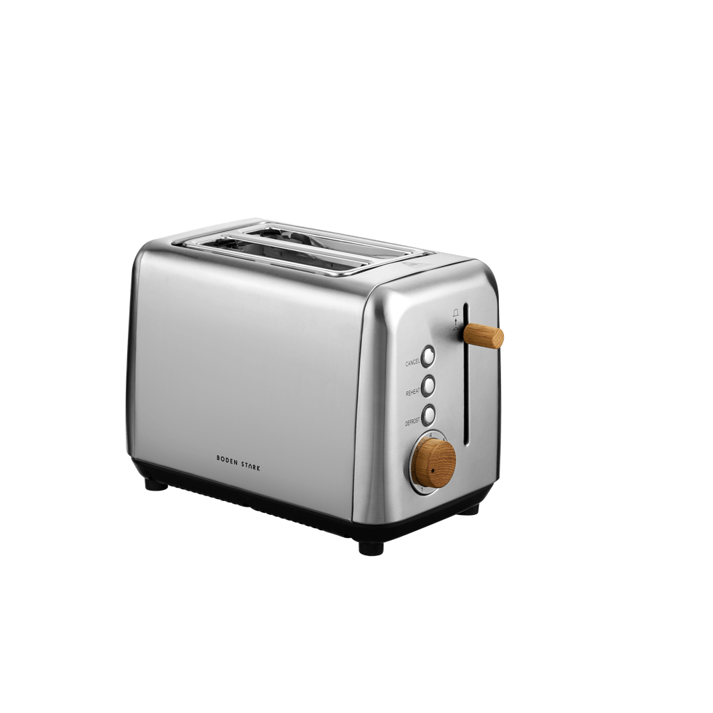 Boden Stark Anson stainless steel toaster with red oak knobs for a modern kitchen and perfect toast.