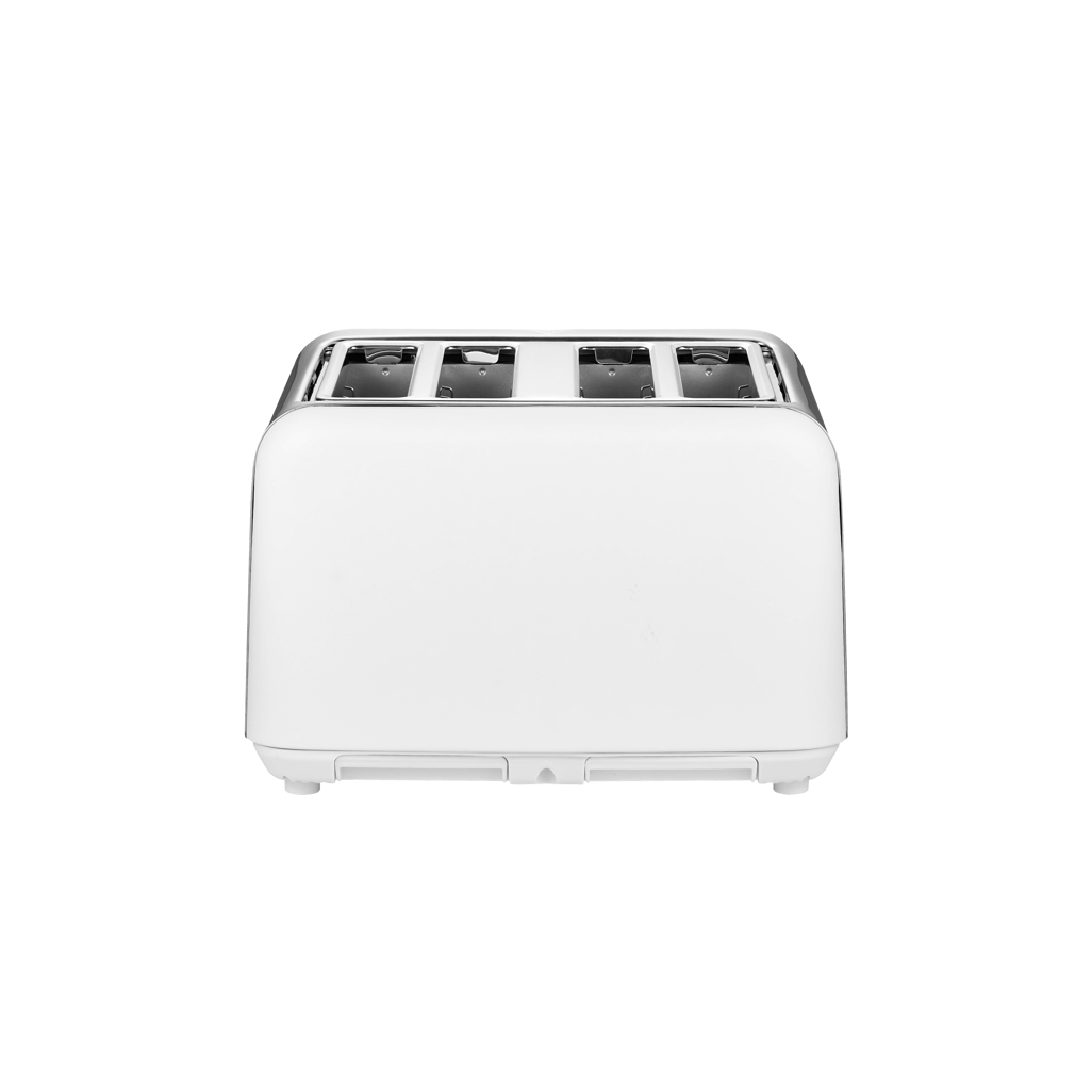 Boden Stark Anson Collection white 4-slice toaster with stainless steel housing and genuine oak knobs.