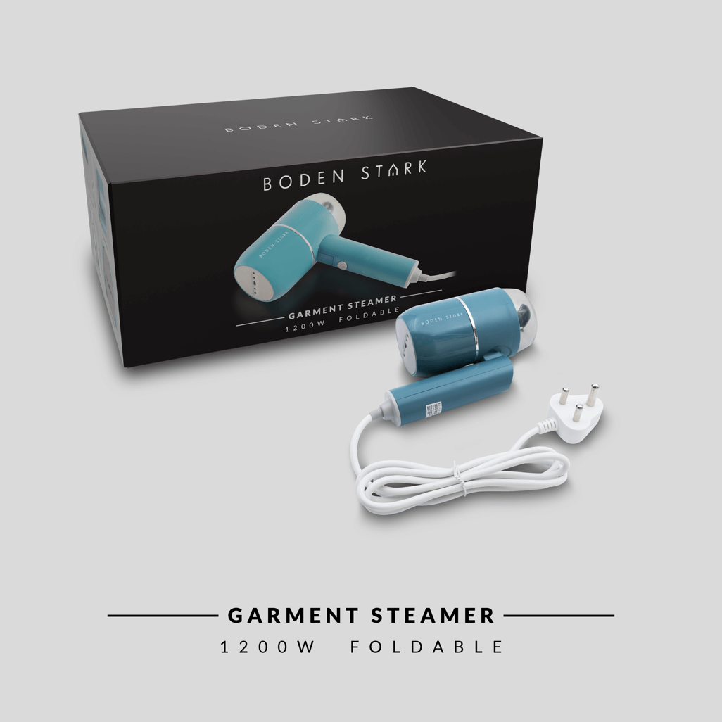 Boden Stark Handheld Steamer, 1200W foldable garment steamer with power cord, ideal for travel and home use.