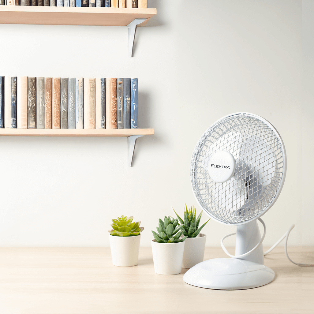 Elektra 30cm desk fan in a modern office setting with potted plants and books on a shelf.