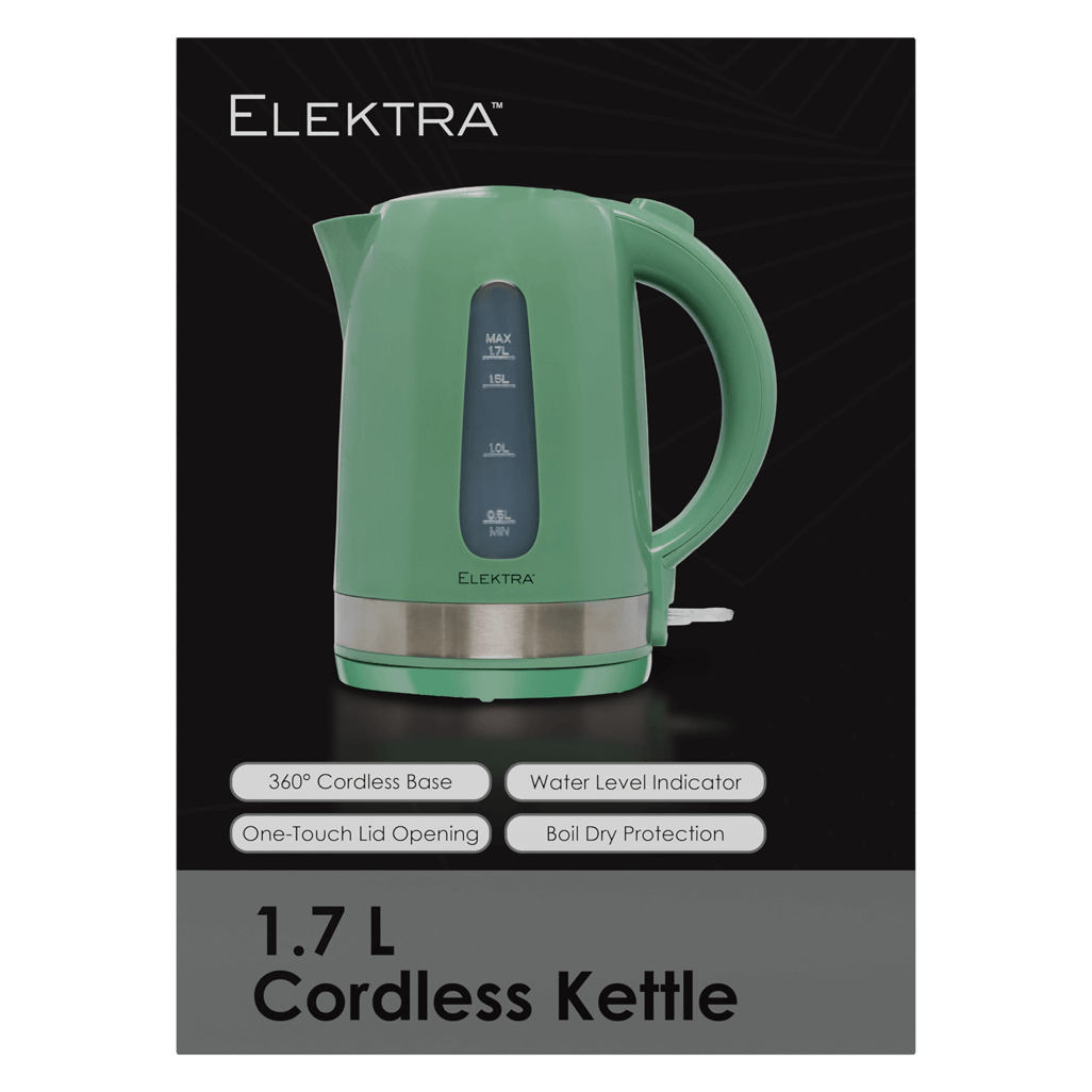 Elektra 1.7L cordless kettle in green with a 360° base and water level indicator.