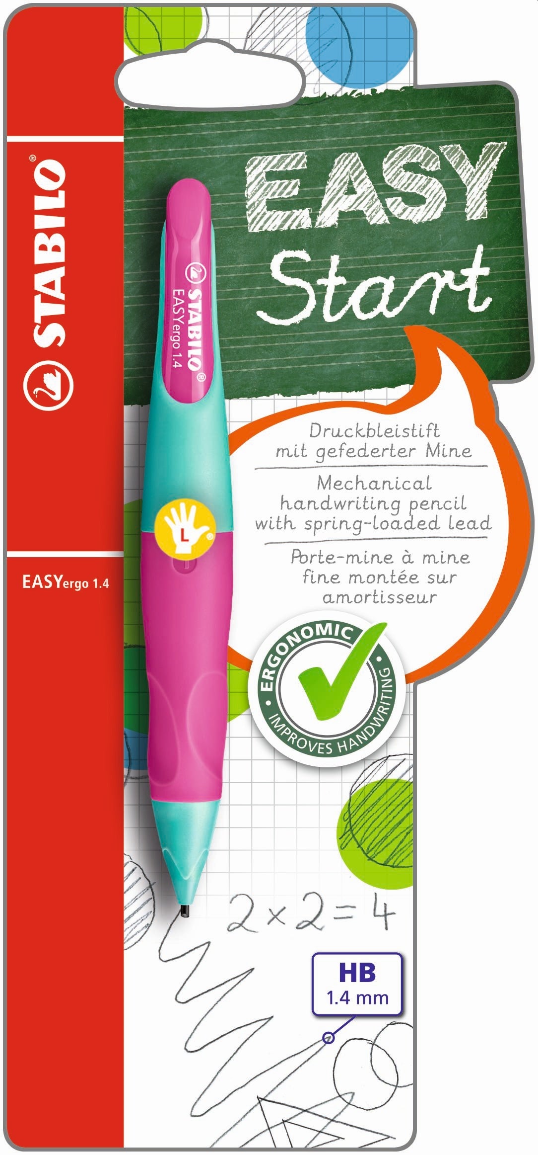 STABILO EASYergo 1.4 Ergonomic Mechanical HB Pencil - Left-handers: Turquoise/Neon Pink Card 1's