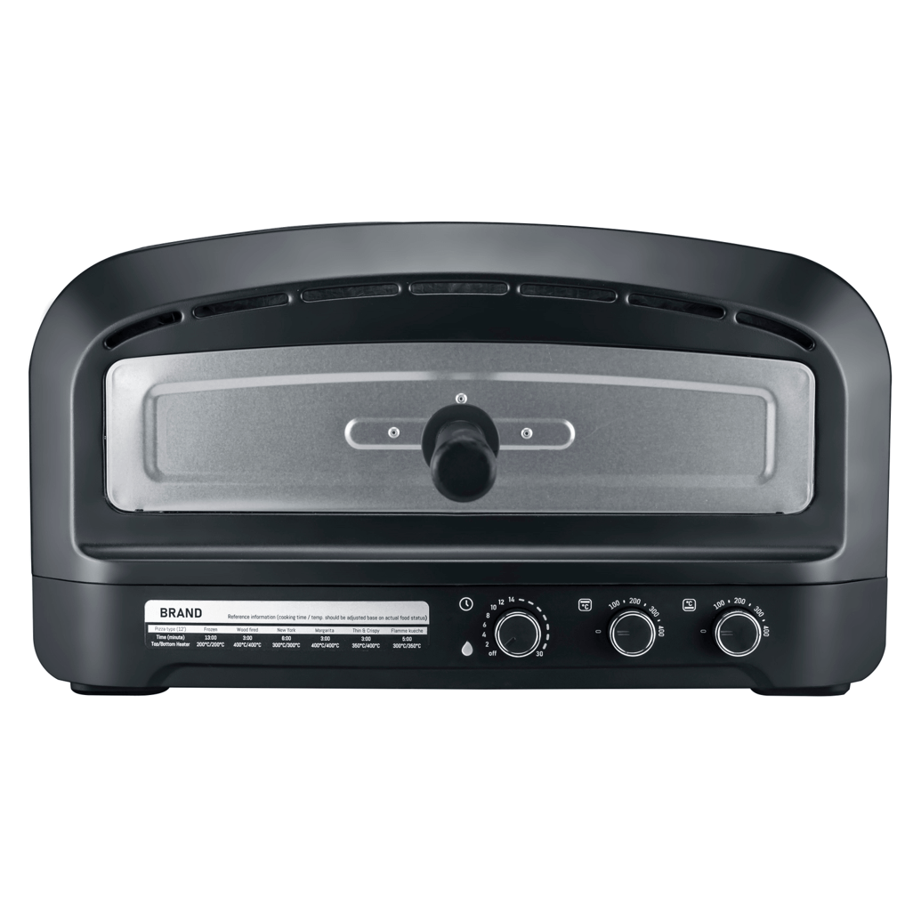 Boden Stark Manual Pizza Oven front view with control knobs and sleek design for homemade pizzas.