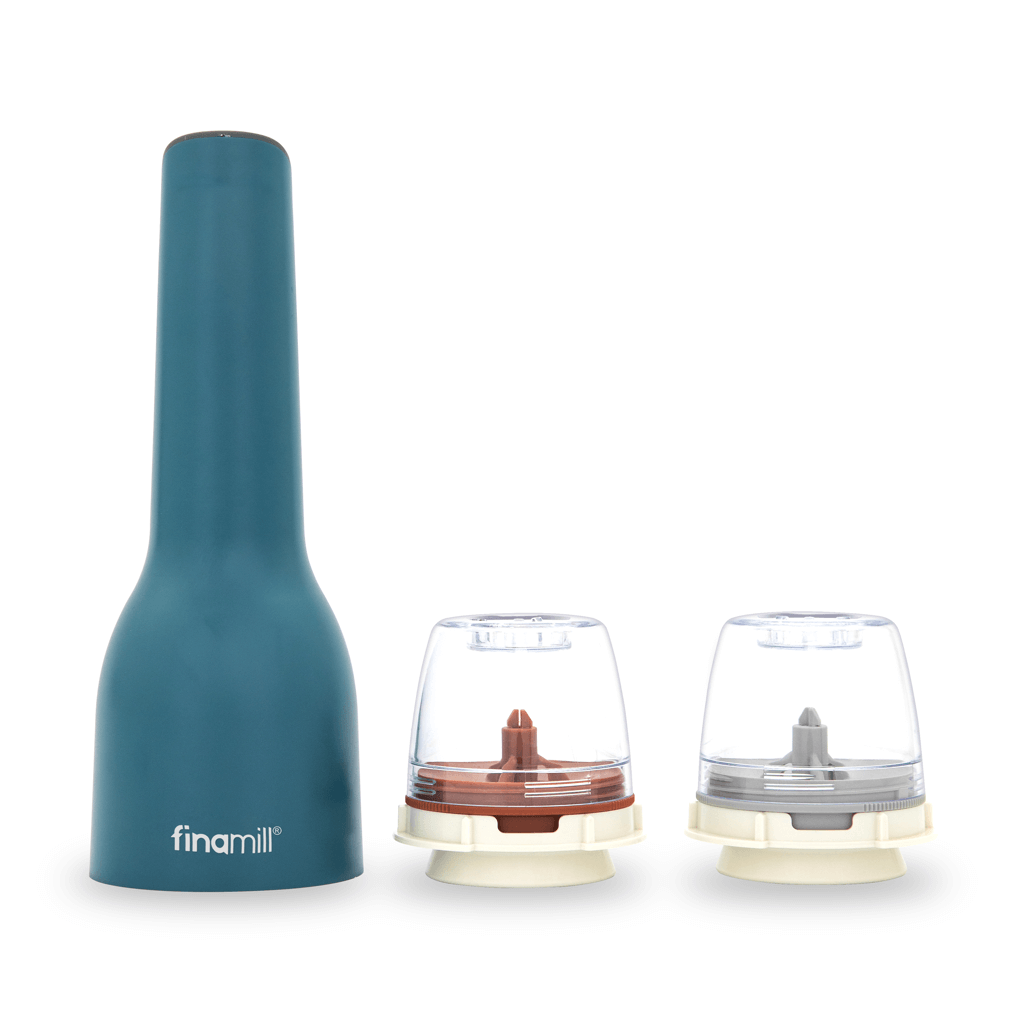 FINAMILL rechargeable grinder in Ocean Blue with two interchangeable grinding containers.