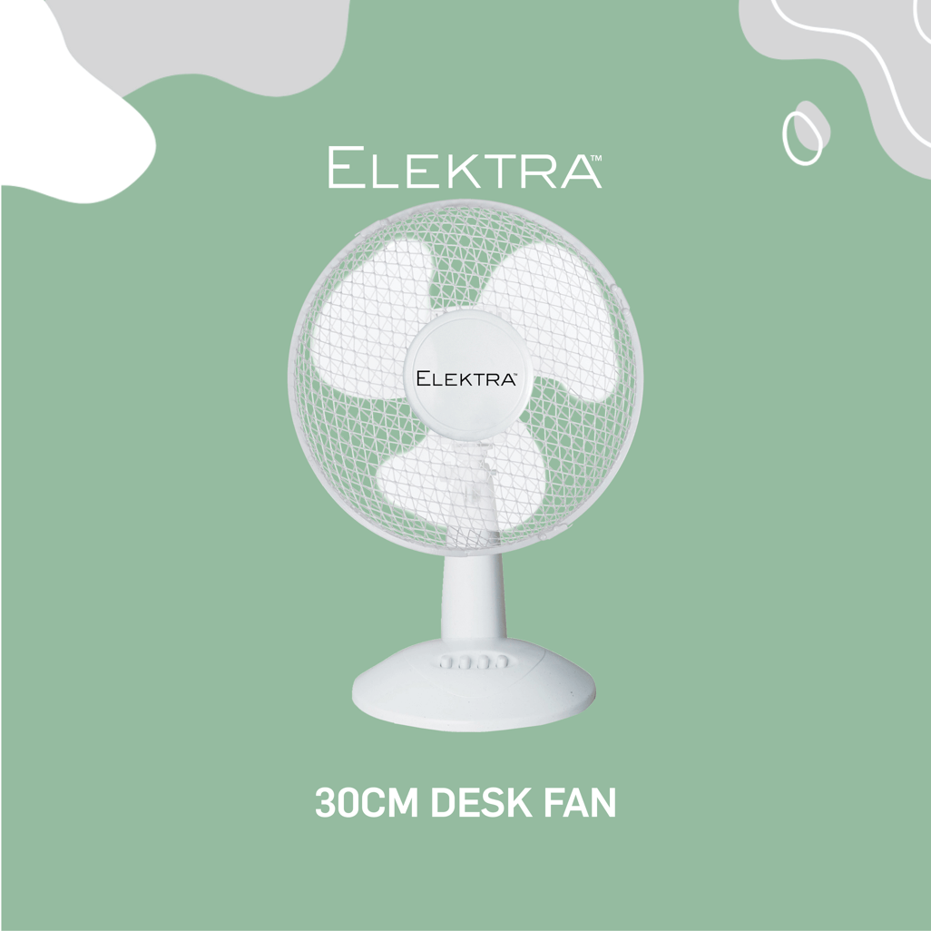 Elektra 30cm desk fan on a green background, ideal for personal cooling and small spaces.