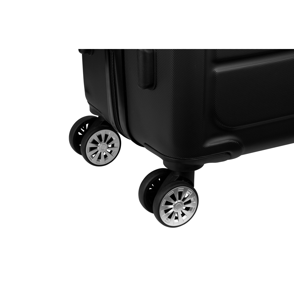 Close-up of Travelwize Maple ABS 65cm black spinner luggage showcasing four durable wheels.