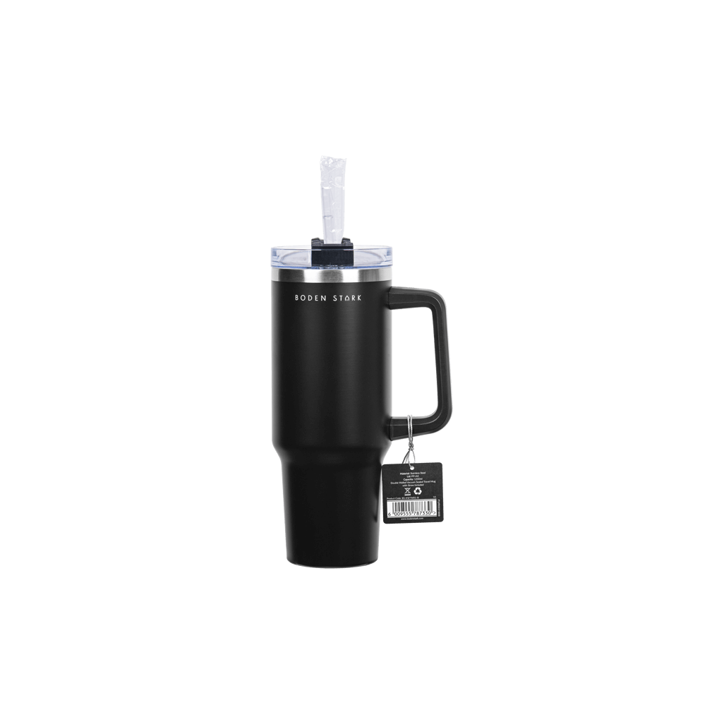 Boden Stark 1200ml black travel mug with straw and handle, perfect for on-the-go hydration.