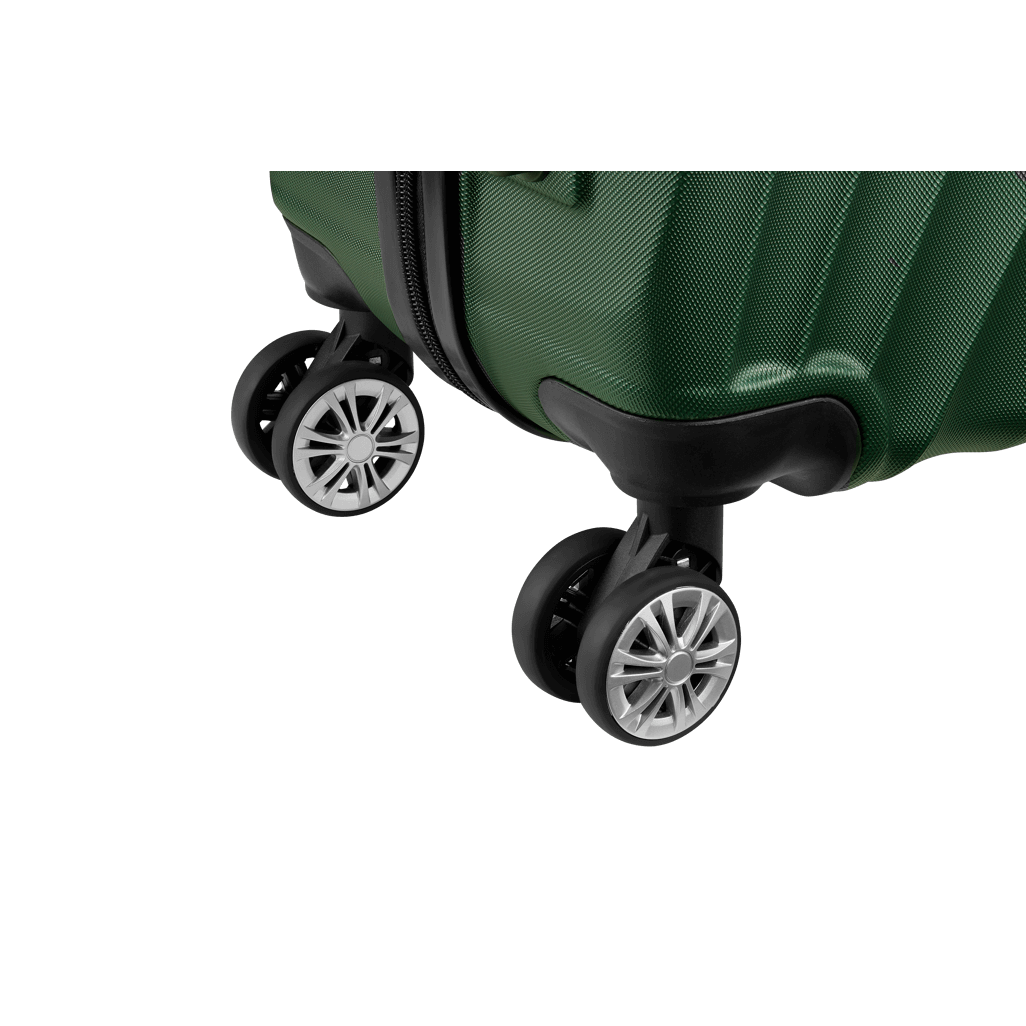 Close-up of Travelwize Terra ABS 67cm spinner luggage with 4 durable wheels for easy mobility.
