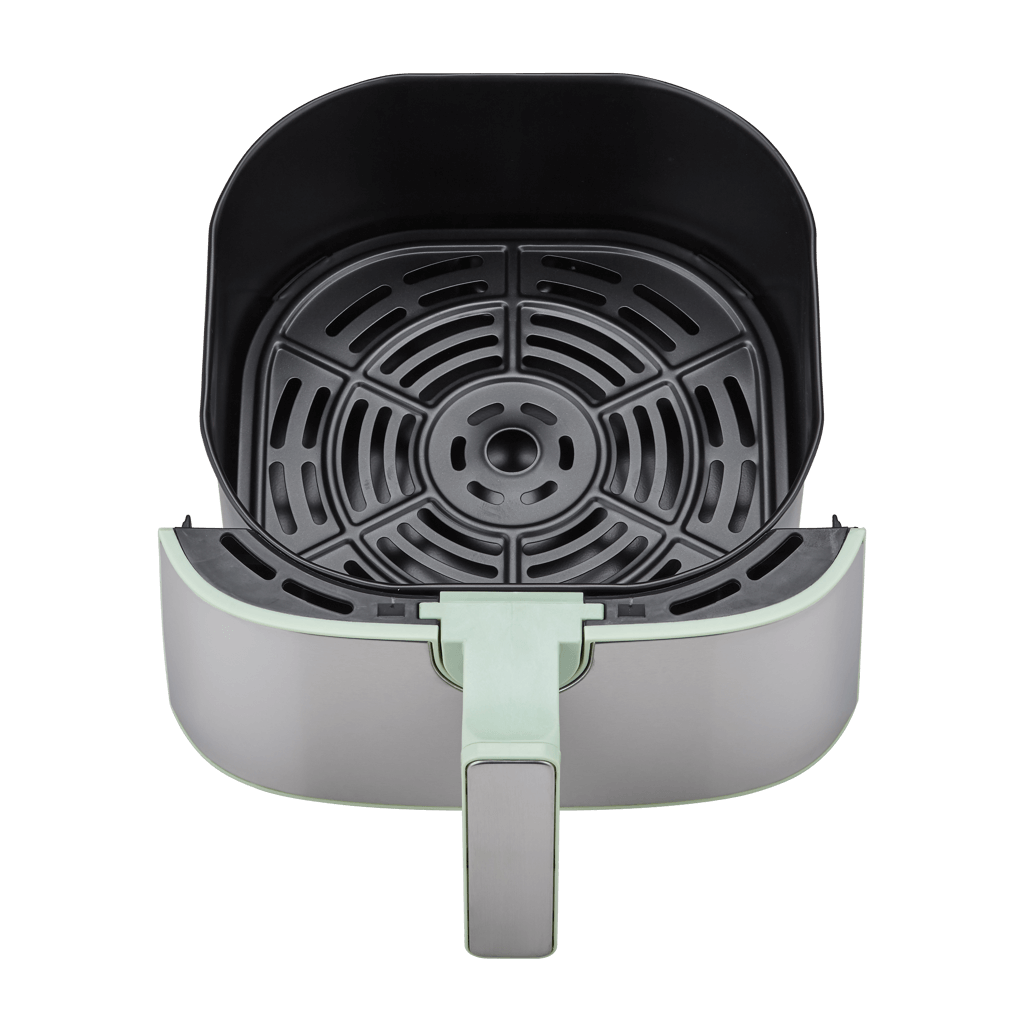 Boden Stark 5.0L Digital Air Fryer in green, showcasing its sleek design and cooking basket.