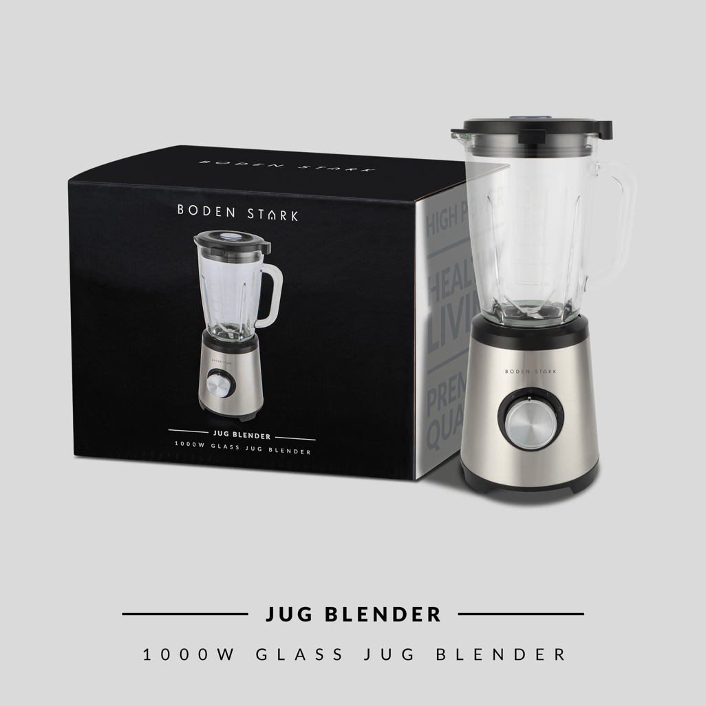 Boden Stark 1000W Glass Jug Blender with stainless steel base and clear glass jug, showcased with packaging.