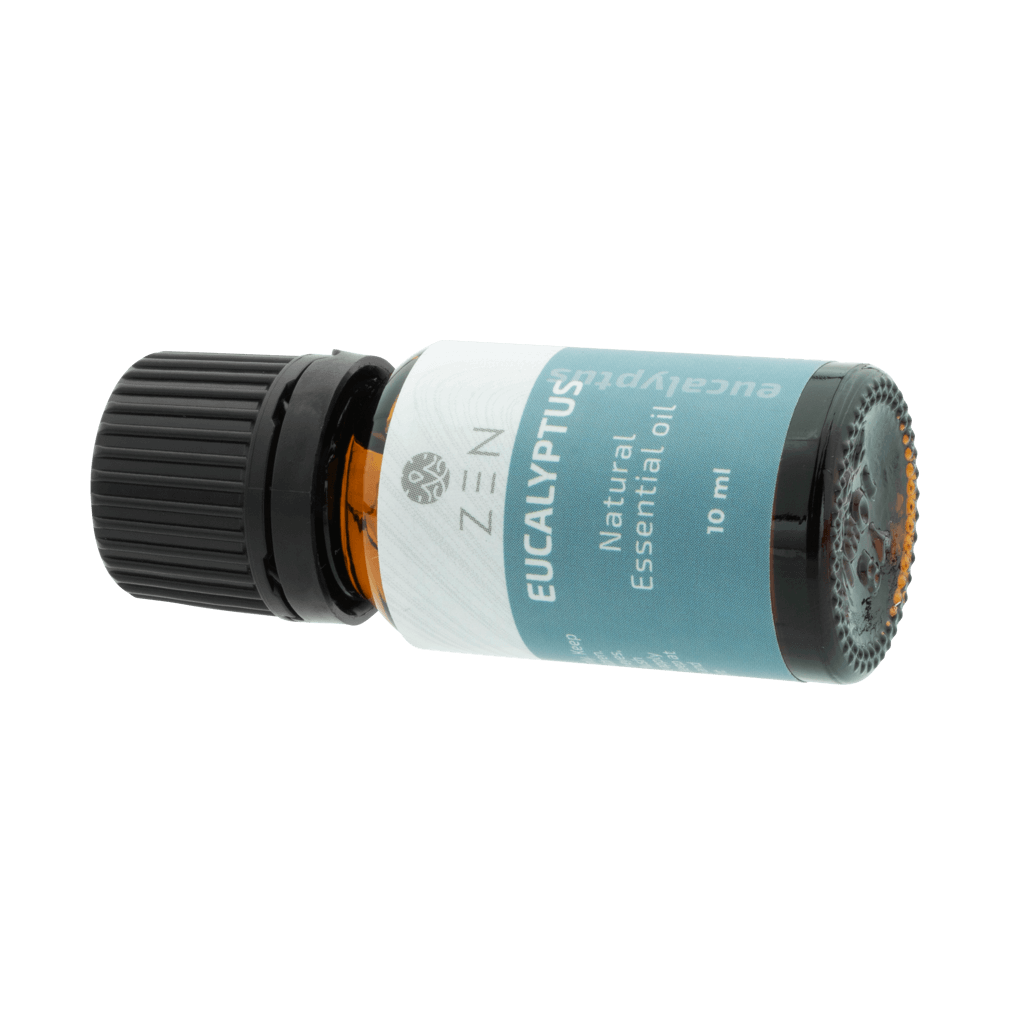 Zen Oil Eucalyptus essential oil bottle, 10 ml, promotes relaxation and well-being with invigorating aroma.