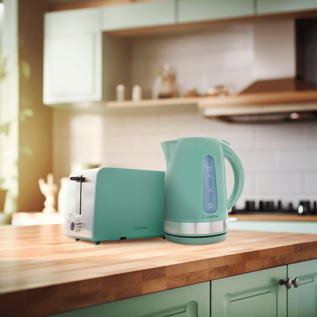 ELEKTRA green 2 slice toaster and kettle on a kitchen countertop, showcasing sleek design and functionality.