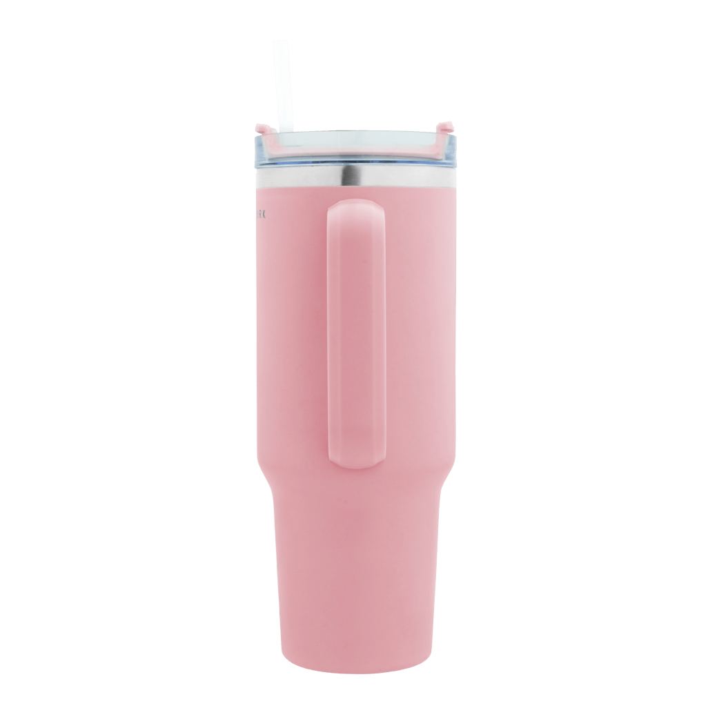 Boden Stark 1200ml pink travel mug with handle and straw for convenient hydration on the go.