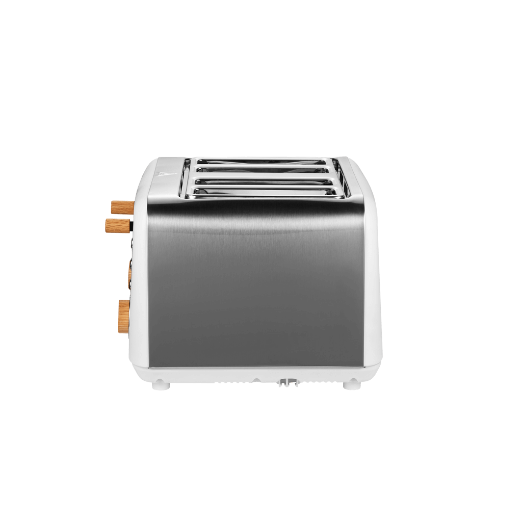 Boden Stark Anson Collection 4-slice toaster in stainless steel with red oak knobs and sleek design.