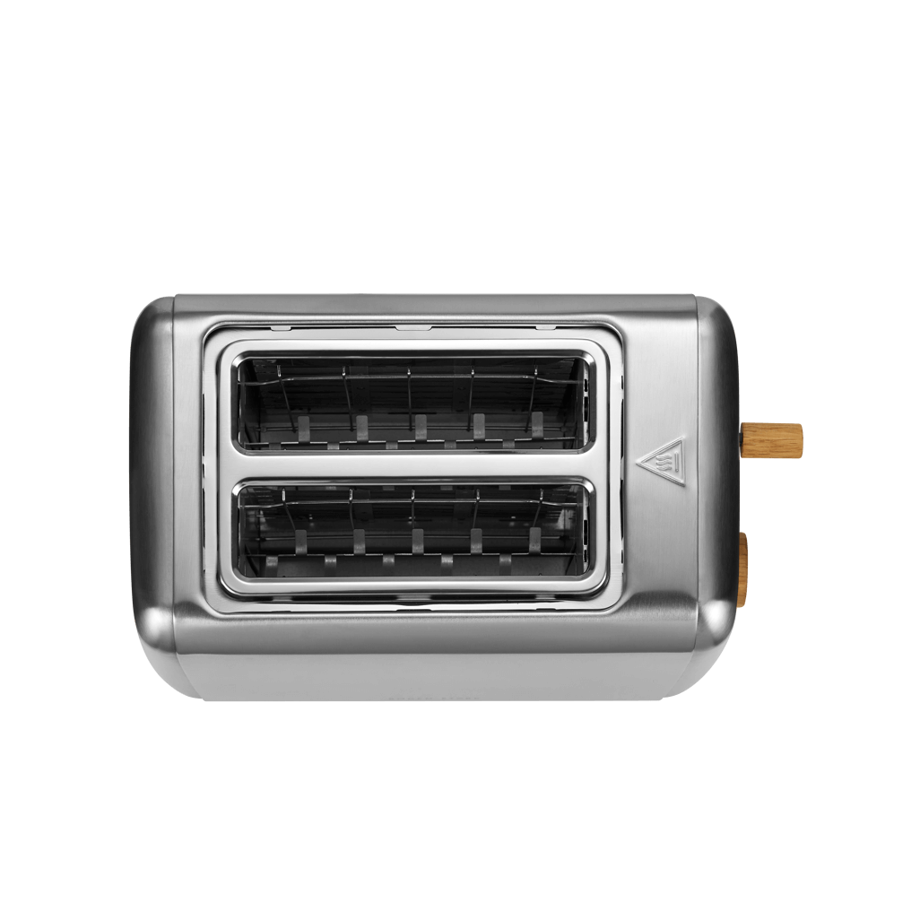 Boden Stark Anson Collection stainless steel toaster with two slots and red oak knobs for stylish kitchen elegance.