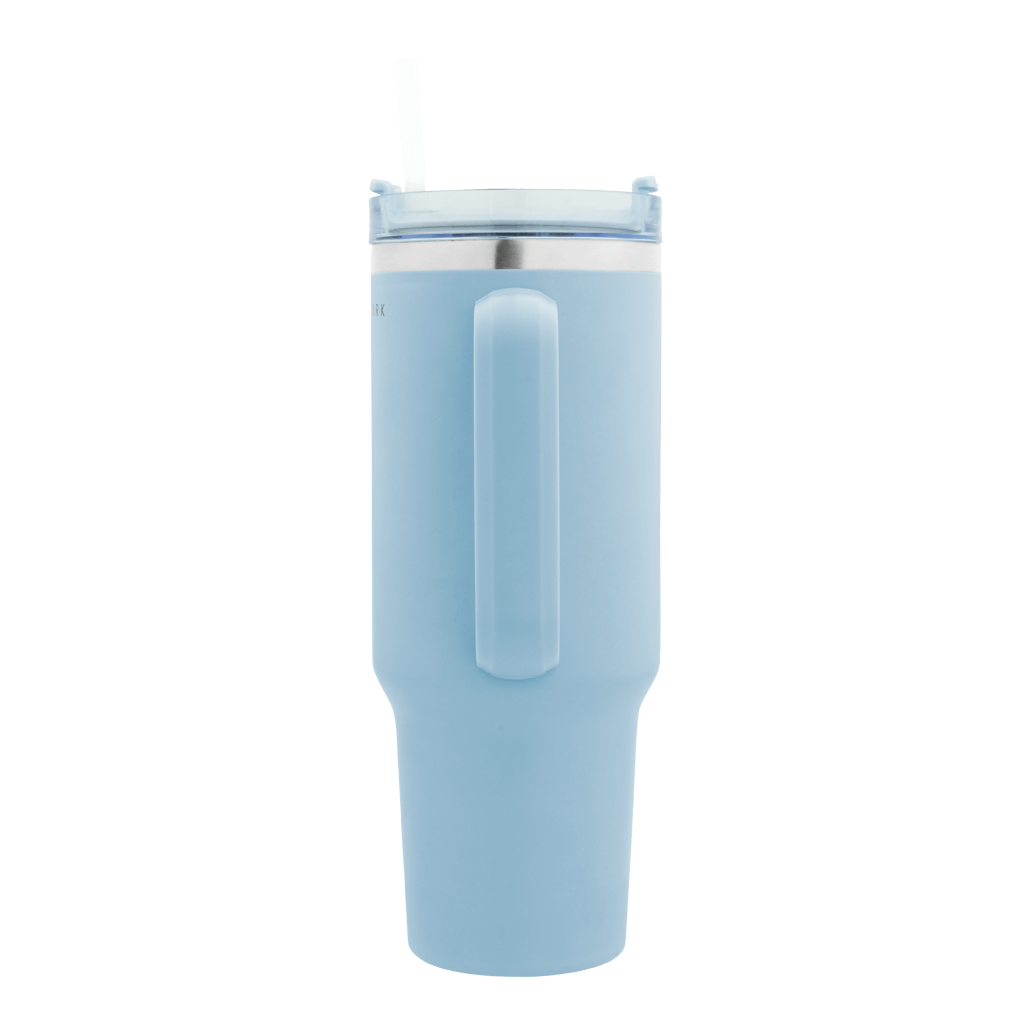 Boden Stark 1200ml Travel Mug in Blue with straw and handle, ideal for travel and outdoor use.