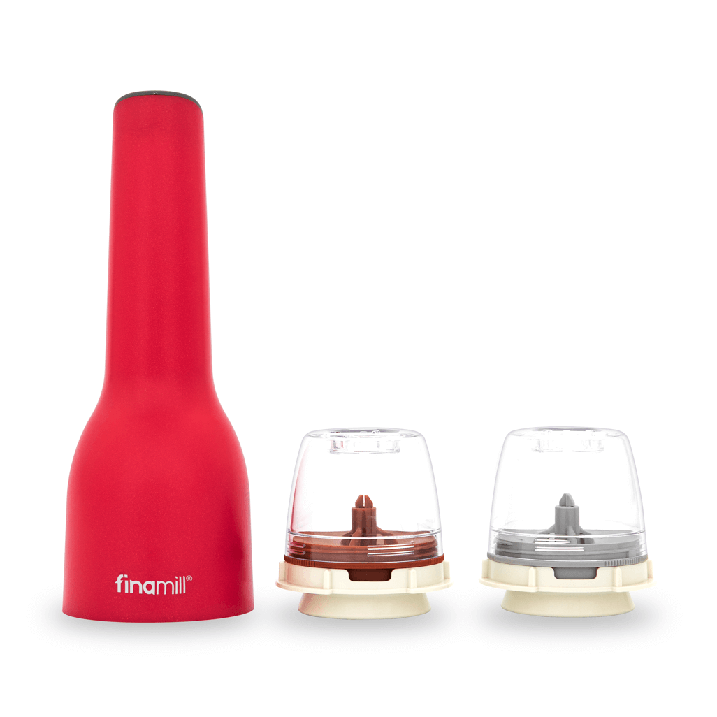 FINAMILL Rechargeable Sangria grinder with two interchangeable spice containers in a vibrant red color.