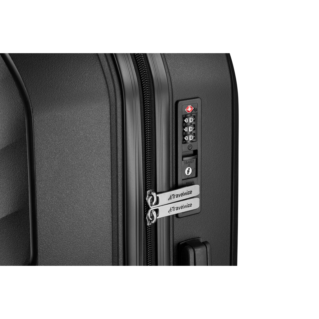 Close-up of Travelwize Quartz PP 76cm spinner luggage zipper and lock mechanism in black color.
