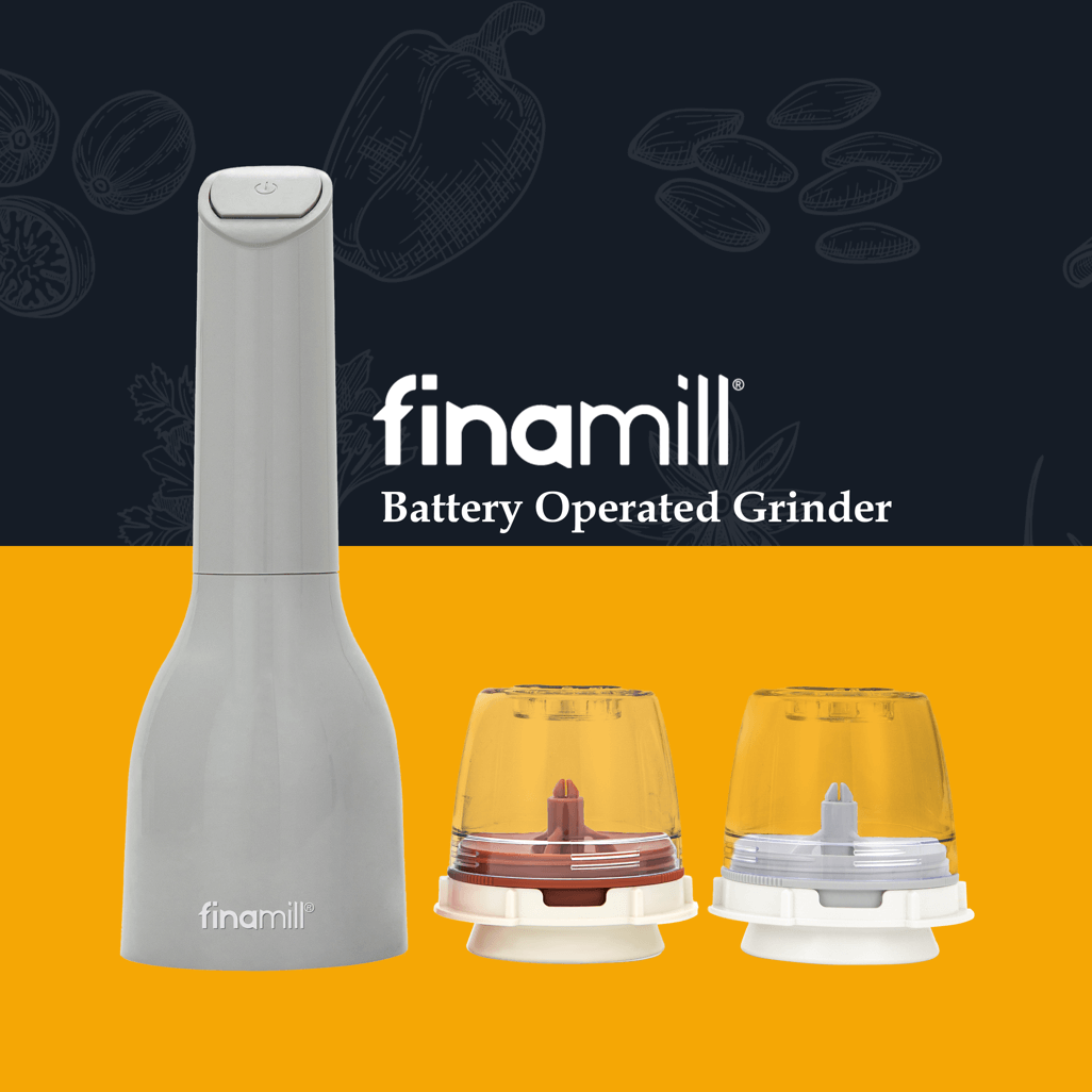 FINAMILL battery operated grinder in gray with two interchangeable grinding cups on orange background