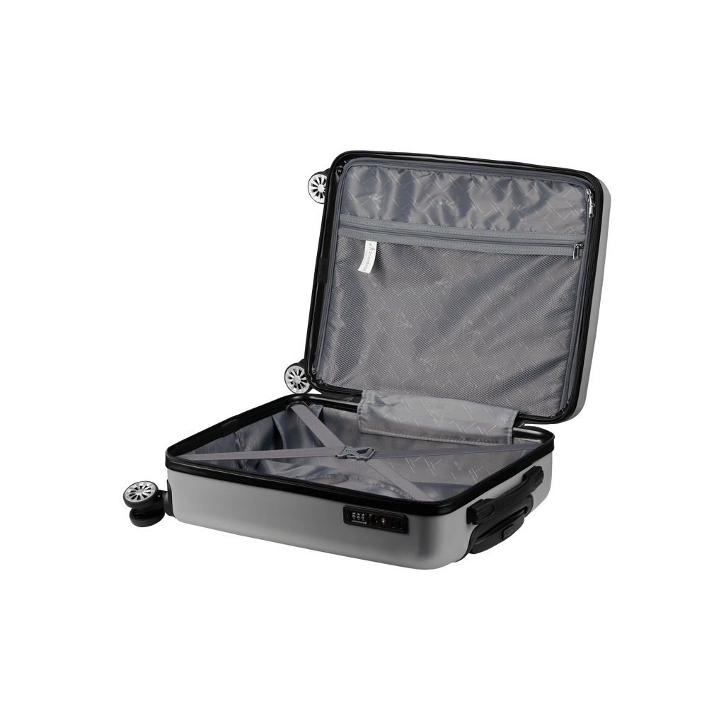Open Travelwize Maple ABS 85cm 4-wheels spinner luggage in silver, showcasing spacious interior and organizational pockets.