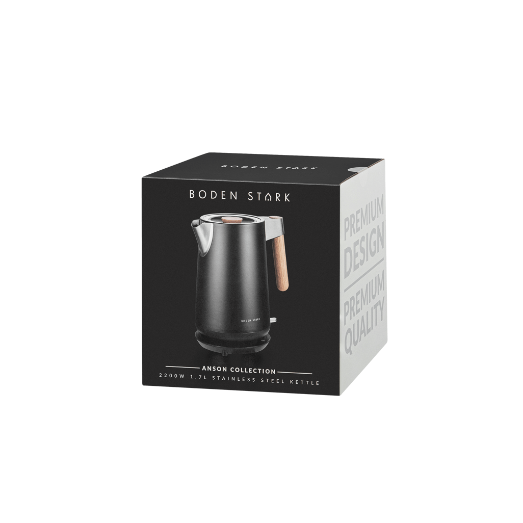 Boden Stark Anson Collection black stainless steel kettle 1.7L 2000W in stylish packaging.