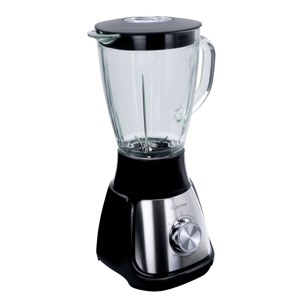 ELEKTRA 500W 1.5L Glass Jug Blender showing sleek design, stainless steel base, and control knob for blending.