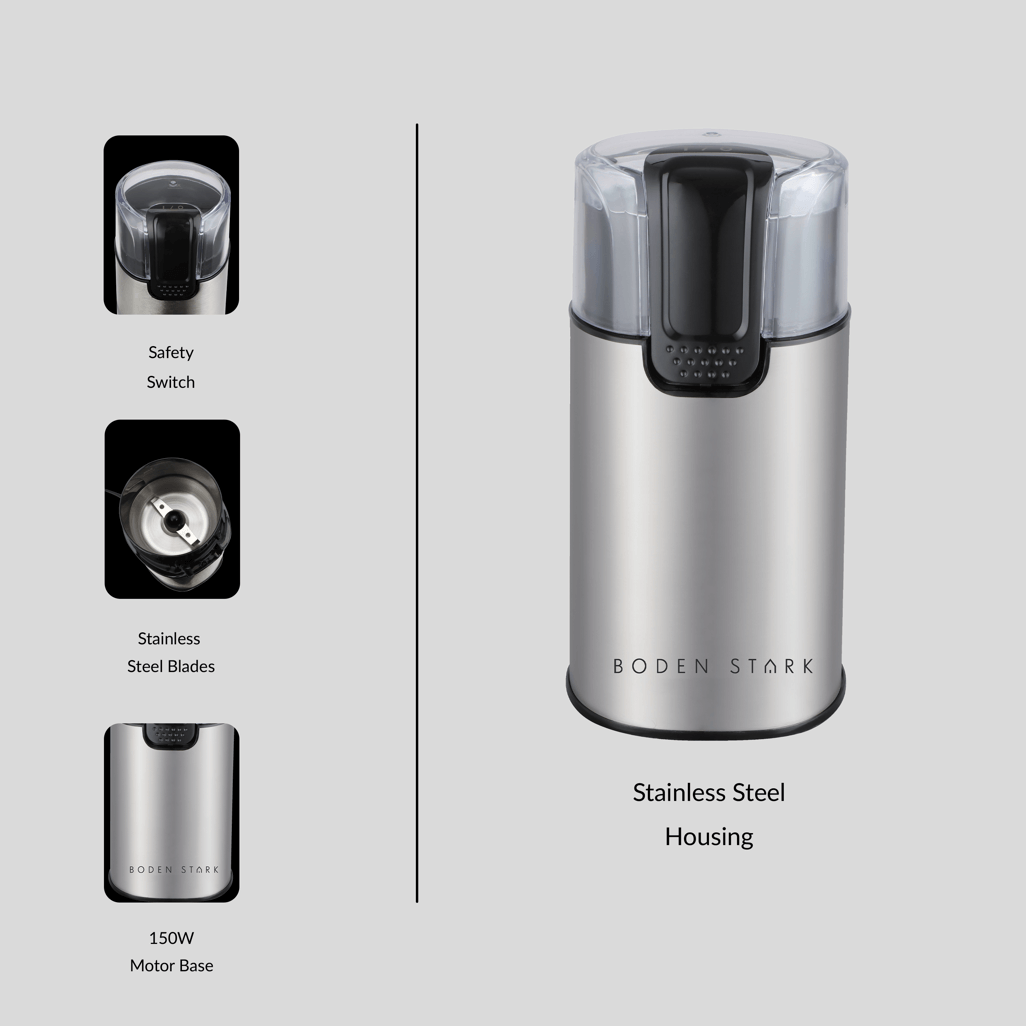 Boden Stark Coffee and Spice Grinder with stainless steel housing, safety switch, and powerful 150W motor.