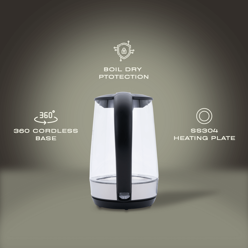 ELEKTRA 1.7L Glass Kettle with 360° cordless base and SS304 heating plate for safe boiling.