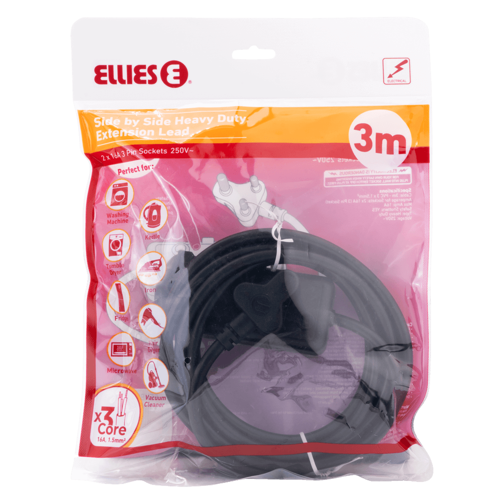 Ellies Side by Side Heavy Duty Extension Lead-3M-BK