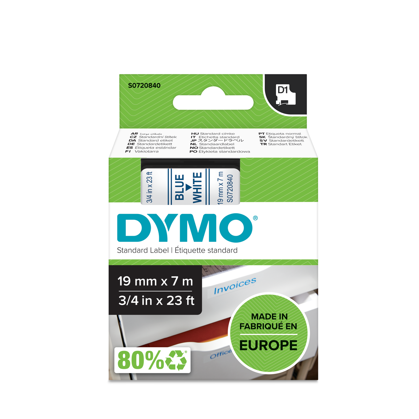 DYMO D1 Labelling Tape - Removable Polyester - Blue on White - 19mmx7m