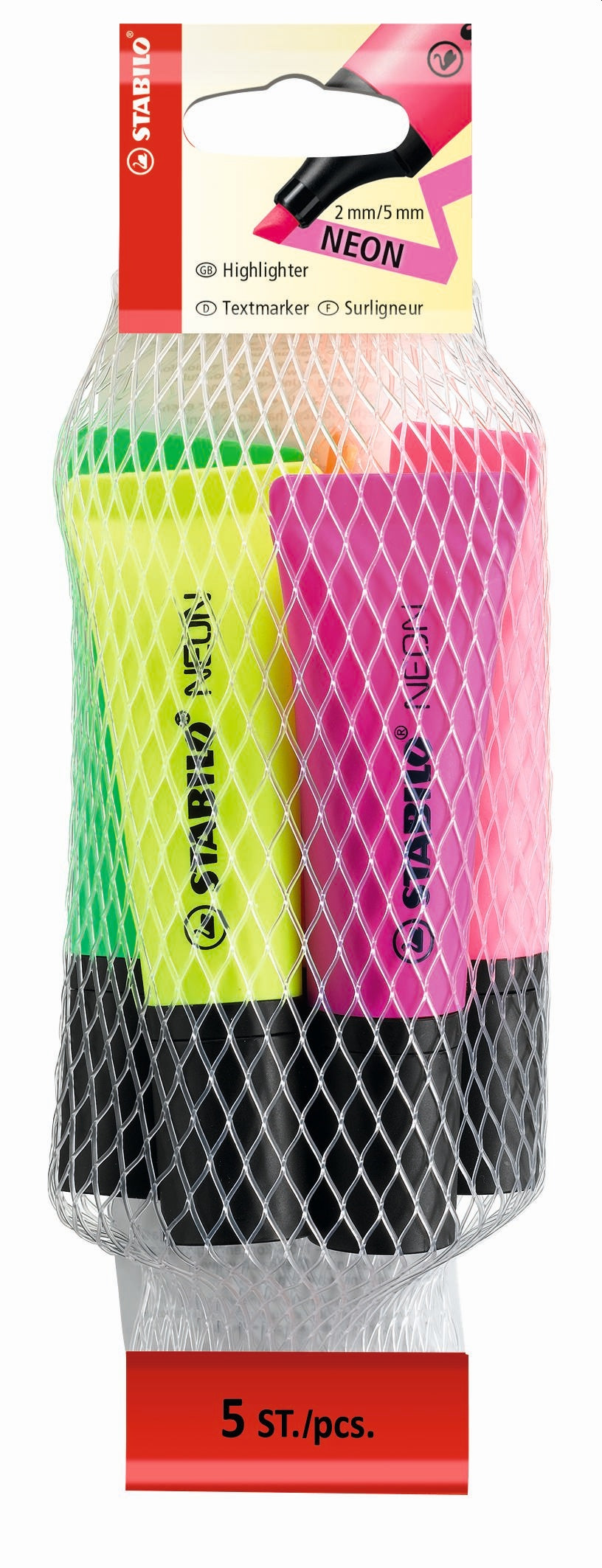 STABILO NEON Highlighter Bag of 5 (Yellow, Green, Orange, Pink and Magenta)
