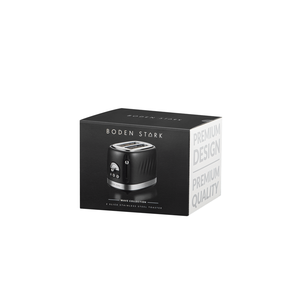 Boden Stark 2 Slice Stainless Steel Toaster packaging featuring premium design and quality.